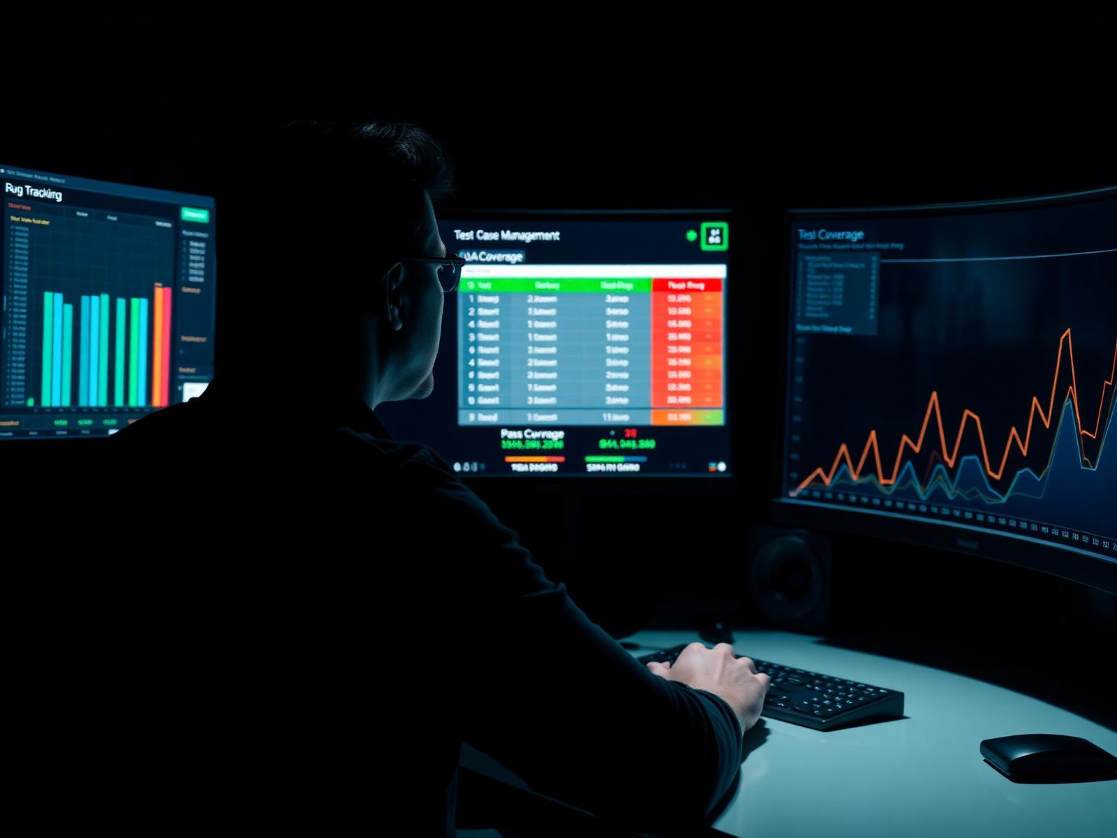 Poste de travail d'un testeur QA avec dashboards de tests et graphiques de couverture
